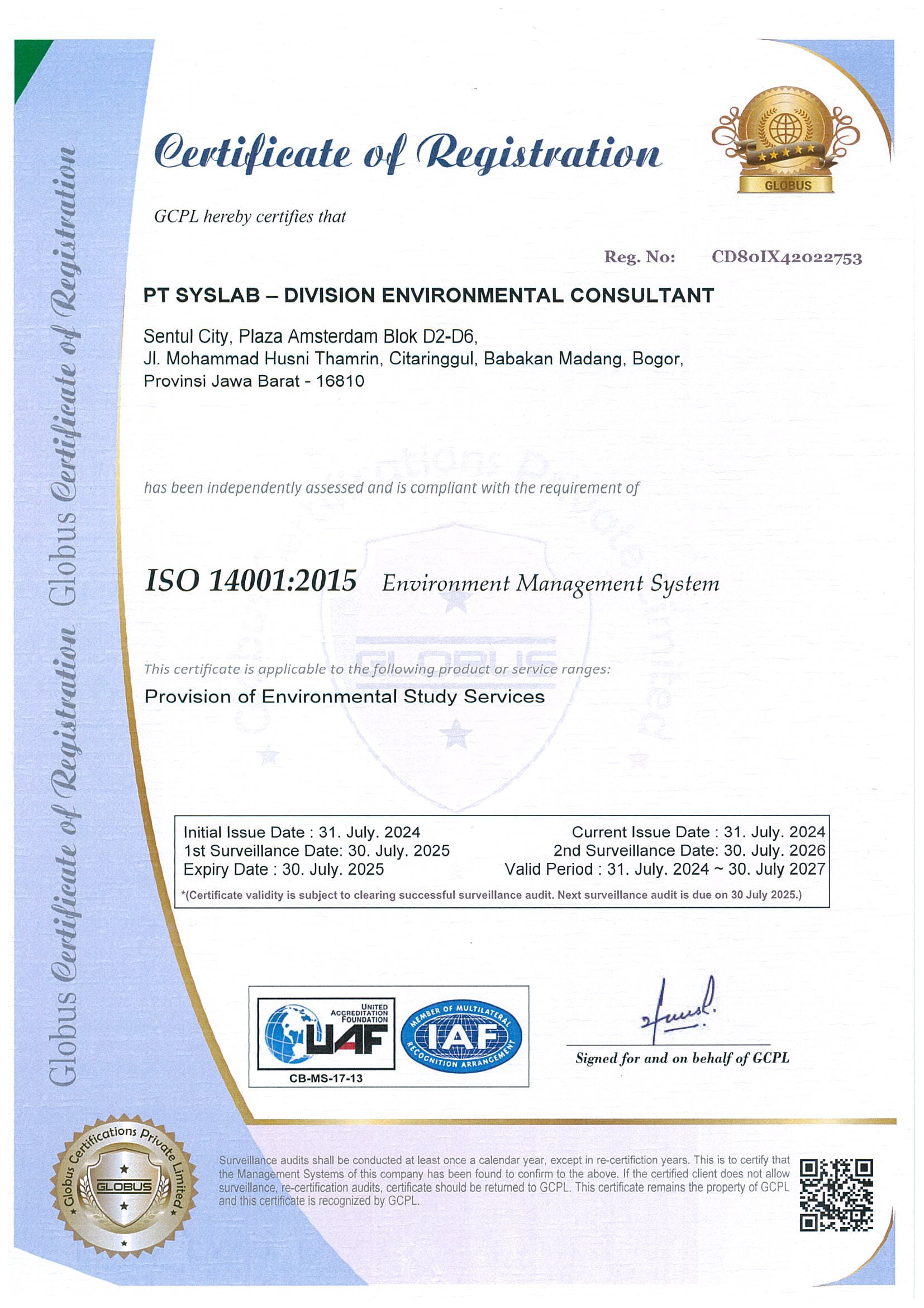 CD80IX42022753 PT SYSLAB – DIVISION ENVIRONMENTAL CONSULTANT