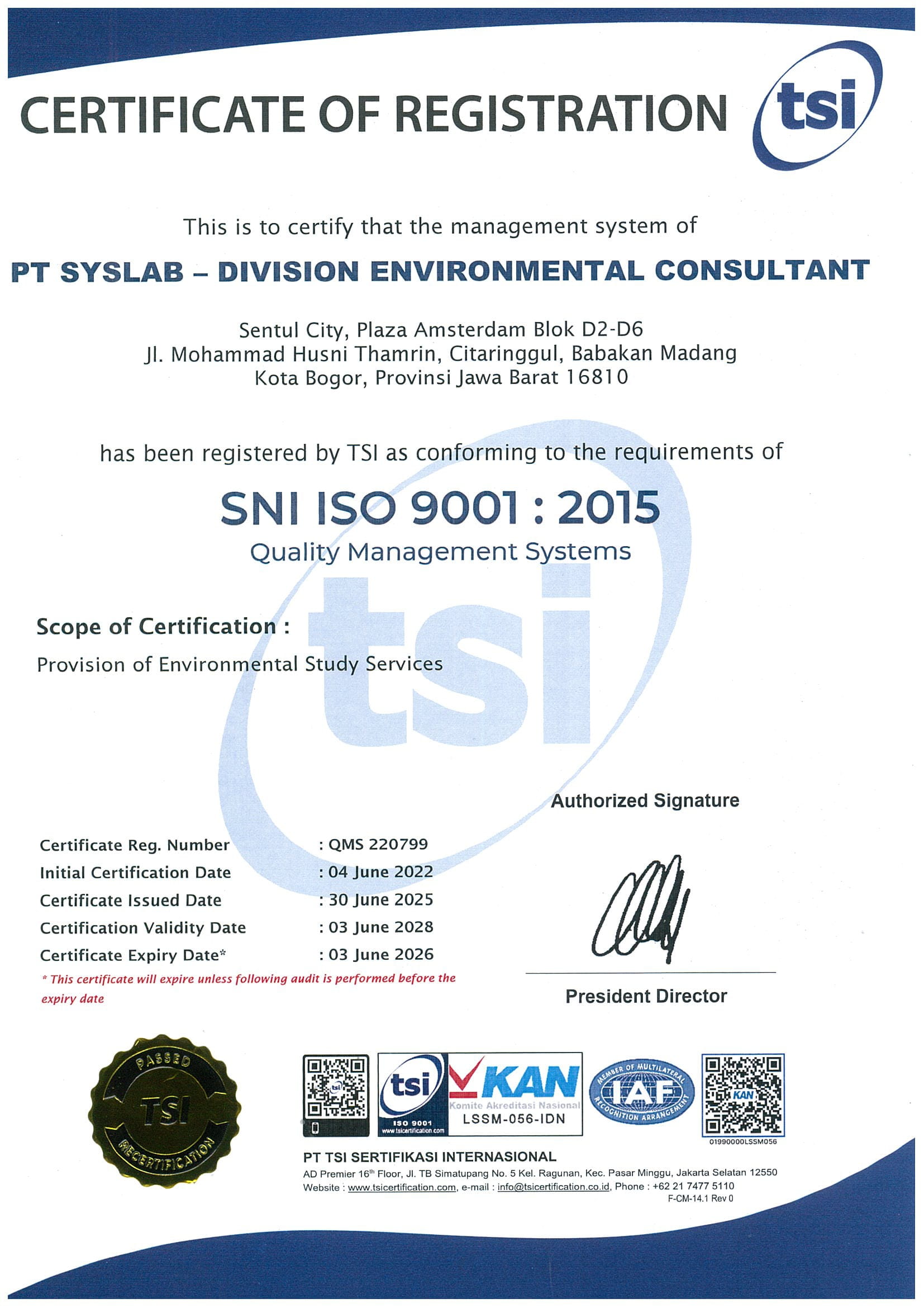 QMS220799 PT SYSLAB – DIVISION ENVIRONMENTAL CONSULTANT